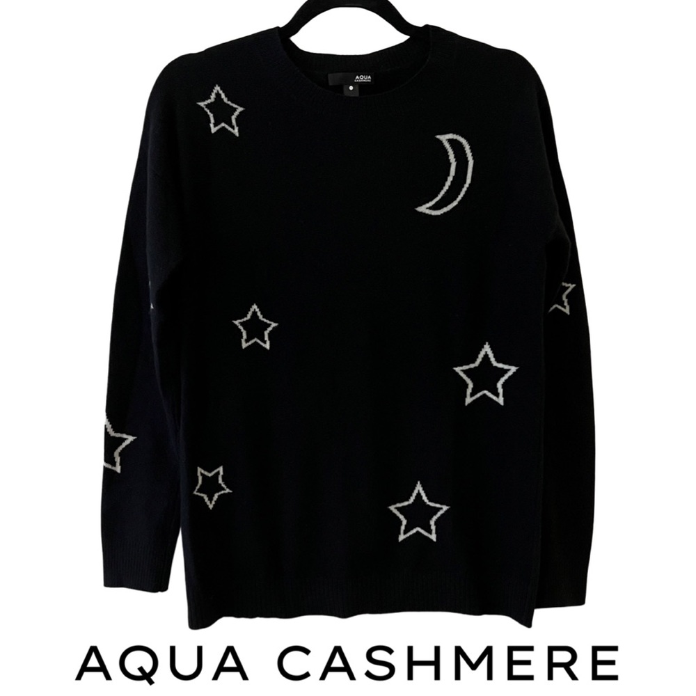 AQUA CASHMERE STAR & MOON BLACK & WHITE SWEATER - SIZE SMALL